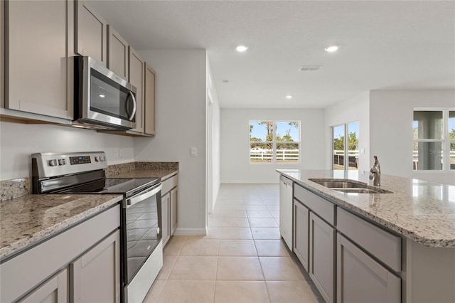 kitchen with stainless steel appliances, gray cabinets, a kitchen island with sink, and sink