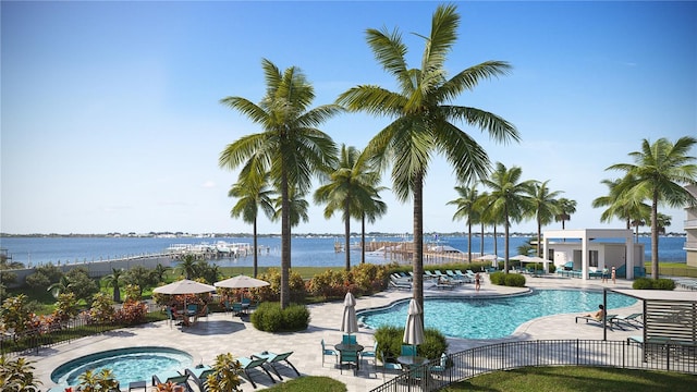 view of pool featuring a community hot tub, a patio, and a water view