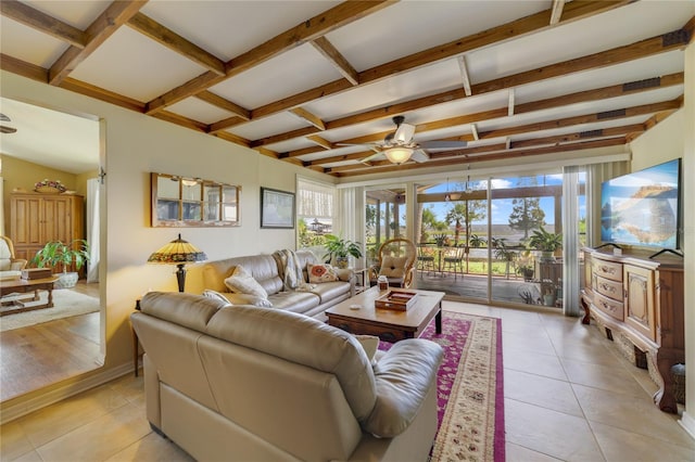 tiled living room featuring beam ceiling and ceiling fan