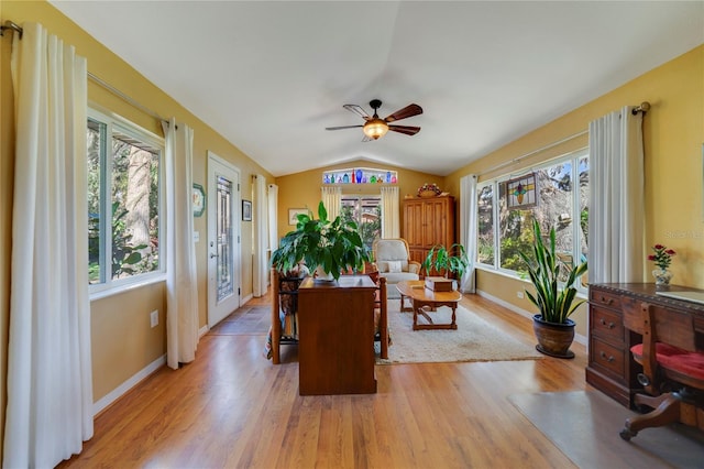 interior space featuring ceiling fan, plenty of natural light, and light wood-type flooring