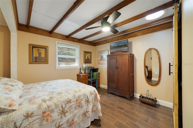 bedroom featuring beam ceiling, ceiling fan, and dark wood-type flooring