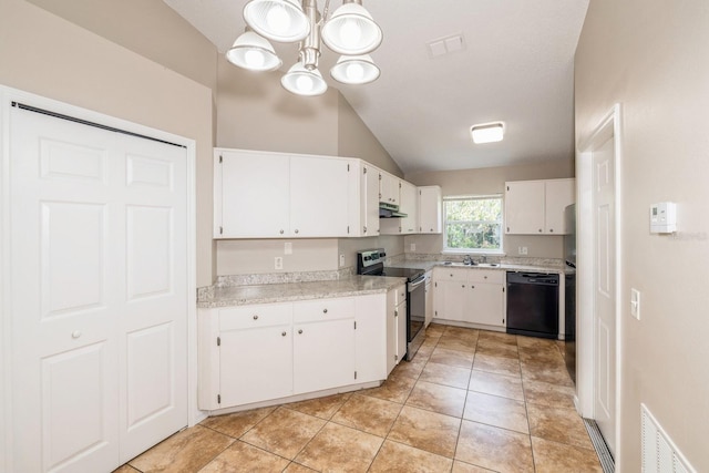 kitchen featuring white cabinets, stainless steel range with electric cooktop, sink, dishwasher, and lofted ceiling