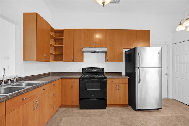 kitchen with open shelves, electric range, freestanding refrigerator, a sink, and under cabinet range hood