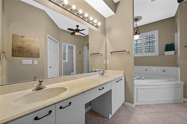 bathroom featuring ceiling fan, a bathing tub, vanity, tile patterned floors, and toilet