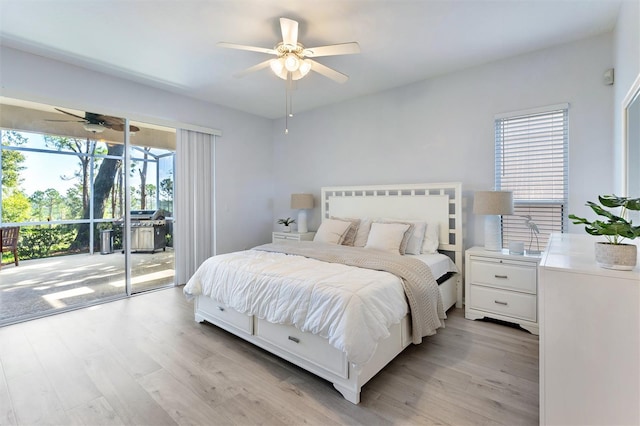 bedroom featuring ceiling fan, access to exterior, and light hardwood / wood-style flooring