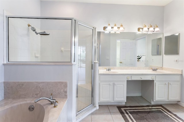 bathroom featuring separate shower and tub, tile patterned flooring, and vanity