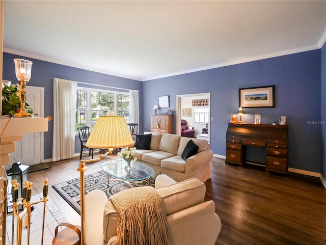 living room with dark wood-type flooring and ornamental molding