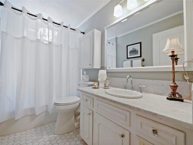 full bathroom featuring shower / bath combination with curtain, ornamental molding, vanity, tile patterned flooring, and toilet