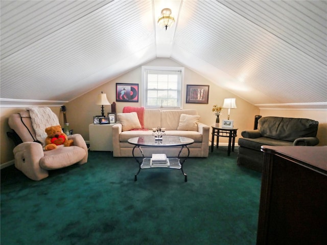 interior space with carpet floors and vaulted ceiling