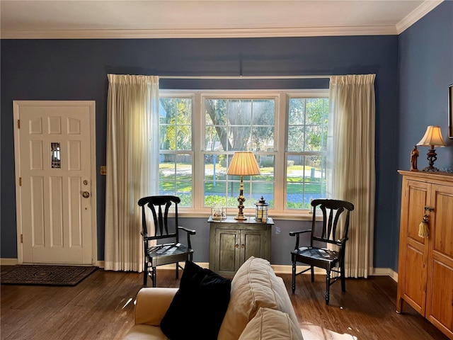 living area featuring dark hardwood / wood-style flooring and crown molding