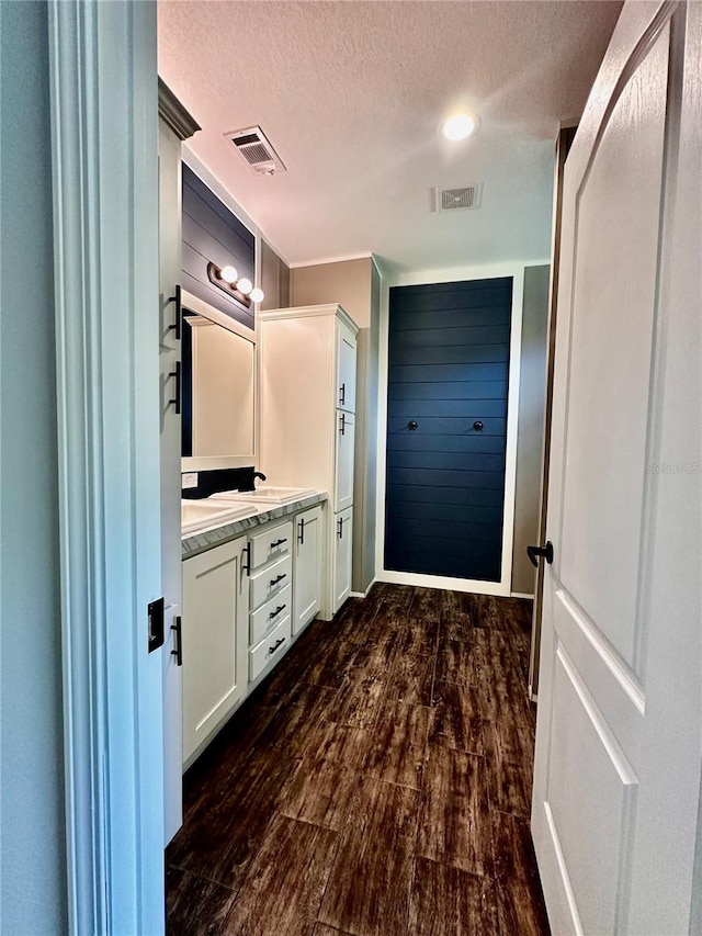 bathroom with vanity, wood-type flooring, and a textured ceiling