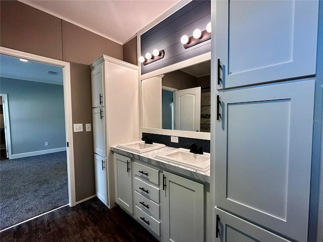 bathroom with hardwood / wood-style floors and vanity