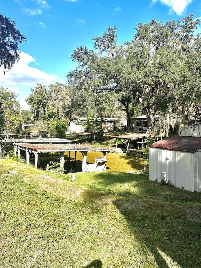 view of yard featuring a storage unit