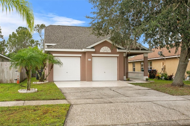 ranch-style home with a garage and a front lawn