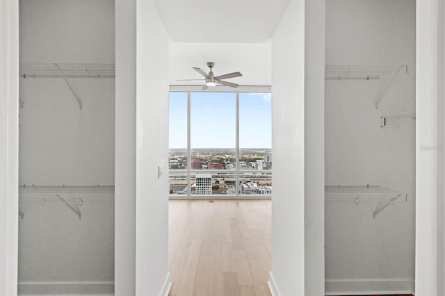 hall featuring wood-type flooring and floor to ceiling windows