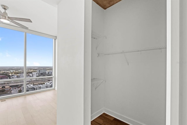 walk in closet featuring ceiling fan and hardwood / wood-style flooring