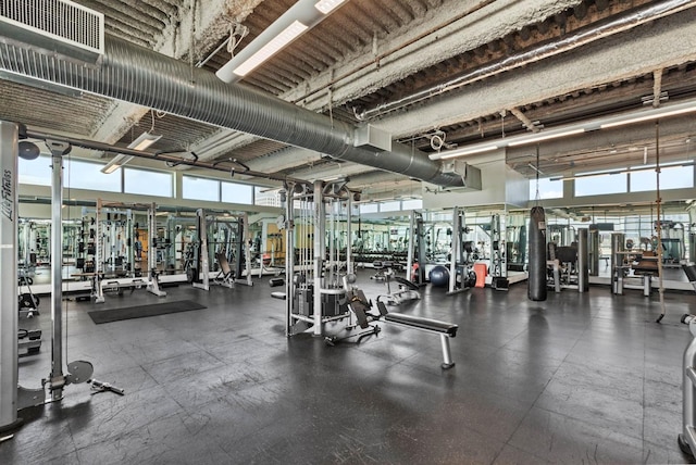 exercise room with a towering ceiling