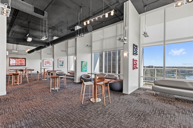 gym featuring carpet flooring, a water view, and a towering ceiling