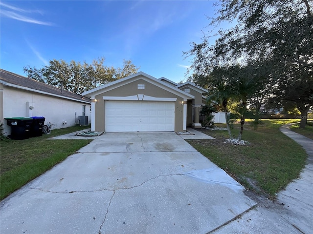 ranch-style home with a front yard and cooling unit