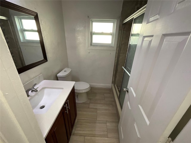 bathroom with vanity, an enclosed shower, and toilet