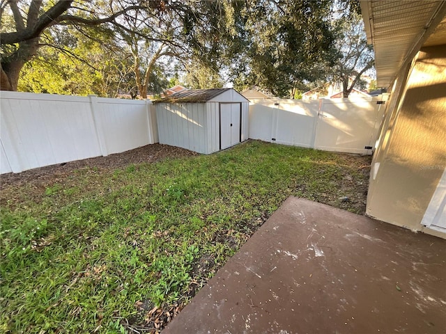 view of yard featuring a storage shed and a patio area