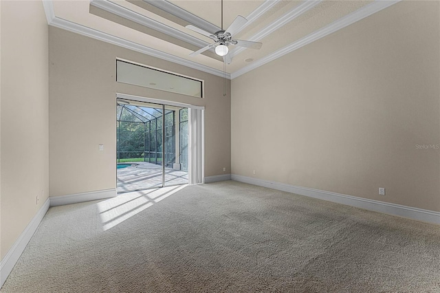 empty room featuring ceiling fan, ornamental molding, and light carpet