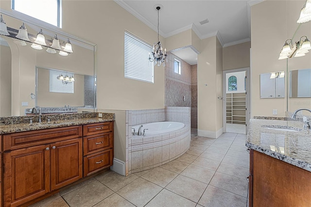 bathroom featuring tile patterned flooring, vanity, shower with separate bathtub, and crown molding