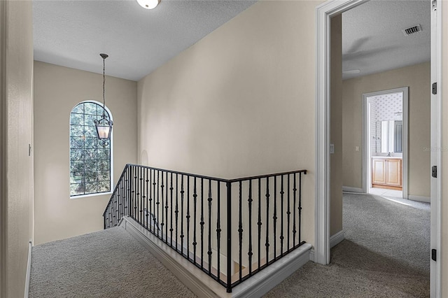 corridor with carpet and a textured ceiling