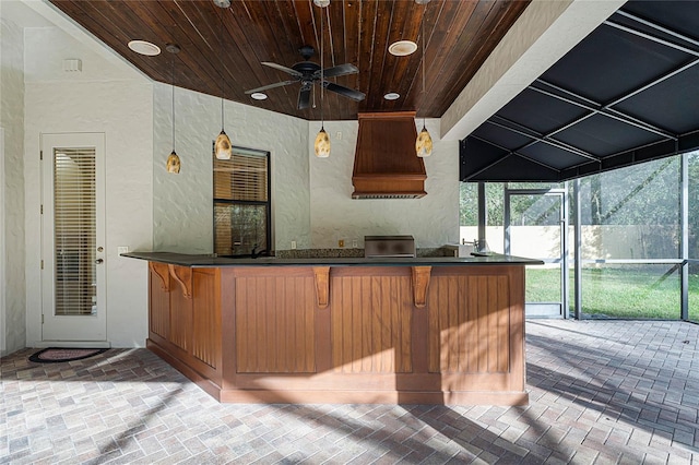 bar featuring lofted ceiling, ceiling fan, wood ceiling, and custom range hood