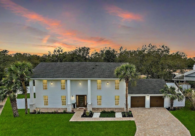 view of front of house with a lawn and a garage