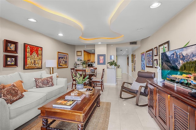 living room featuring light tile patterned floors