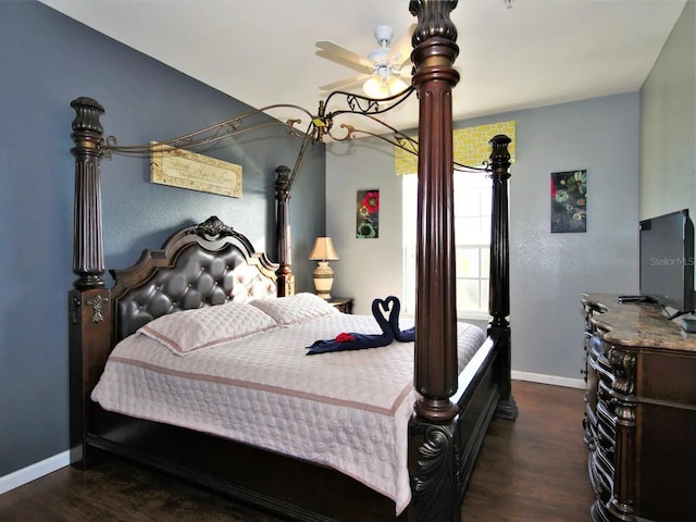 bedroom with ceiling fan and dark wood-type flooring