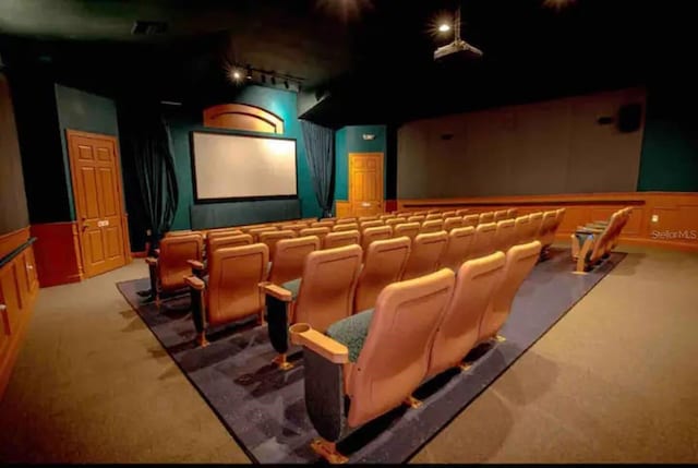 carpeted cinema with track lighting