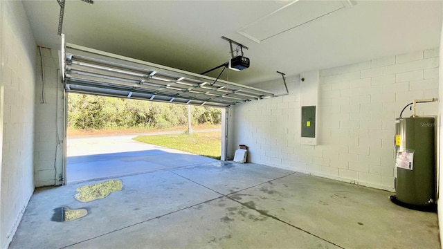 garage with electric water heater, electric panel, and a garage door opener