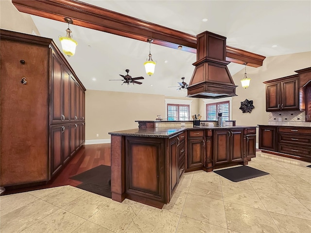 bar featuring vaulted ceiling with beams, decorative light fixtures, and tasteful backsplash