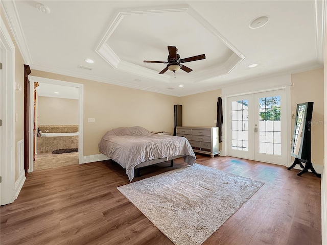 bedroom with french doors, dark hardwood / wood-style flooring, access to outside, ceiling fan, and crown molding