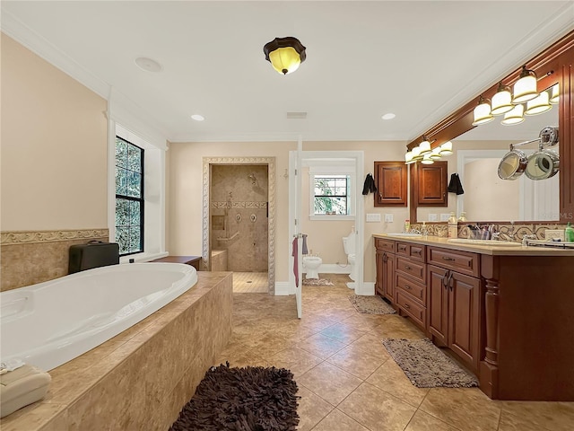 full bathroom with tile patterned flooring, crown molding, a bidet, shower with separate bathtub, and vanity