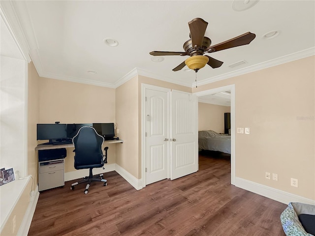 office featuring ceiling fan, dark hardwood / wood-style flooring, and ornamental molding