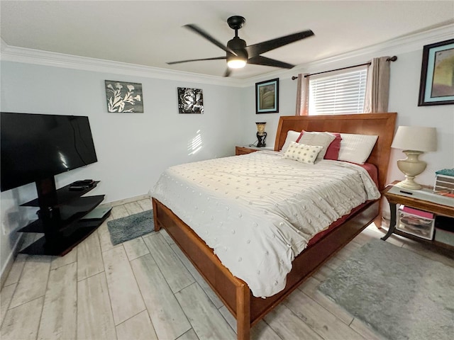 bedroom with ceiling fan, light hardwood / wood-style flooring, and ornamental molding