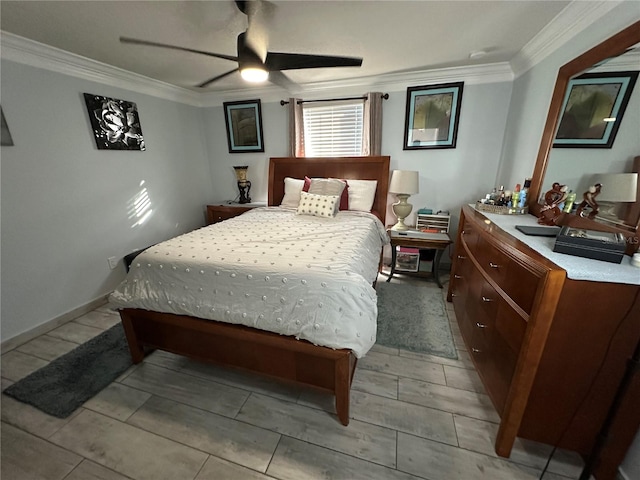 bedroom featuring ceiling fan and ornamental molding