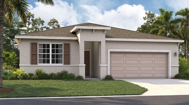 view of front of property featuring a front yard and a garage