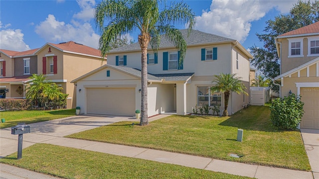 view of front facade featuring a front lawn and a garage