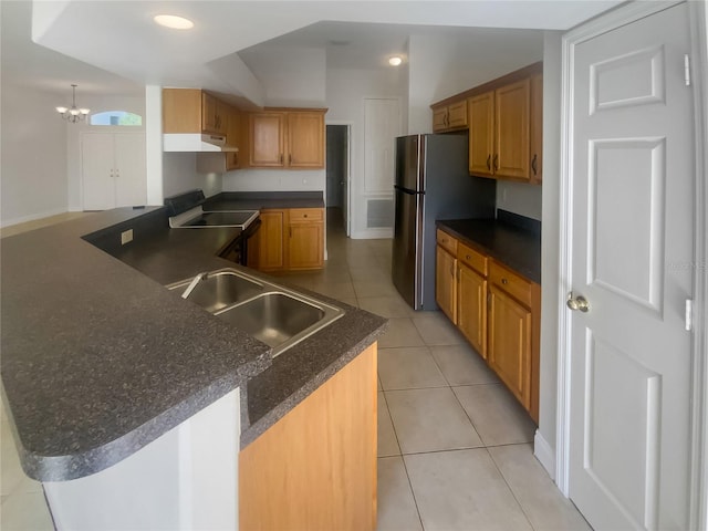 kitchen featuring stainless steel refrigerator, an inviting chandelier, black electric range oven, kitchen peninsula, and light tile patterned flooring