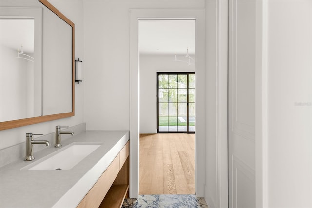 bathroom with hardwood / wood-style floors and vanity