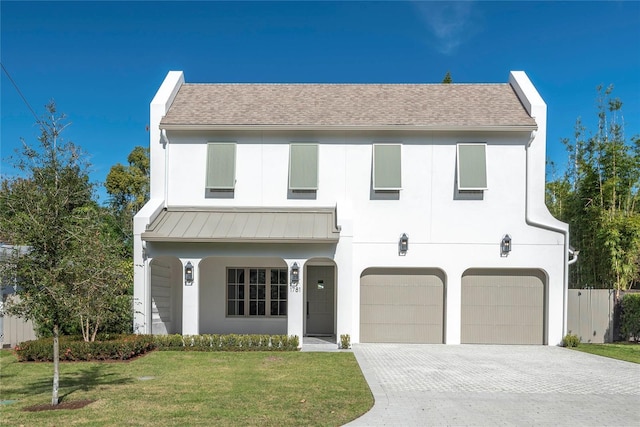 view of front facade featuring a front lawn and a garage