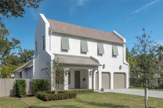 view of front of home featuring a front yard and a garage