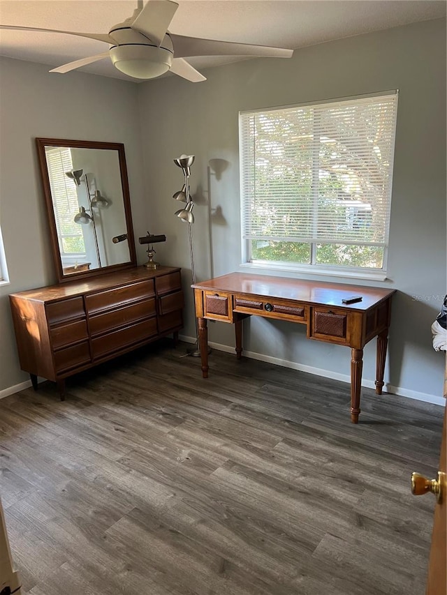 miscellaneous room featuring ceiling fan and dark wood-type flooring