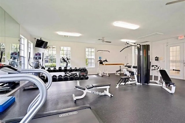 gym featuring ceiling fan