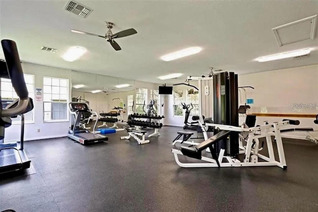 workout area featuring ceiling fan