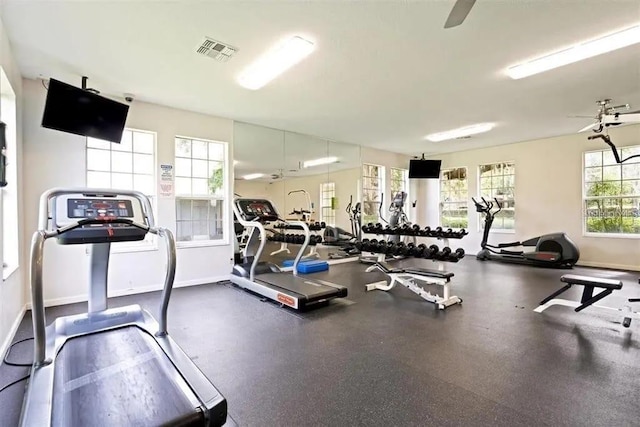 exercise room with a wealth of natural light and ceiling fan